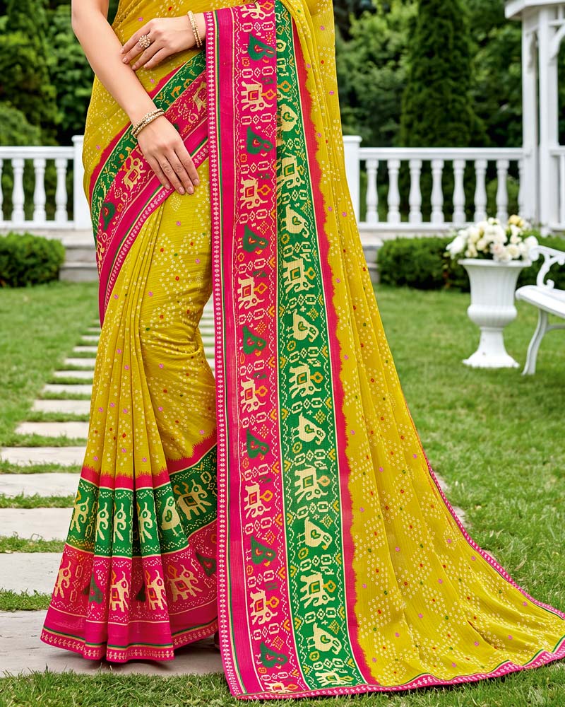 Vishal Prints Lemon Yellow Printed Chiffon Saree With Mirror Work And Fancy Border