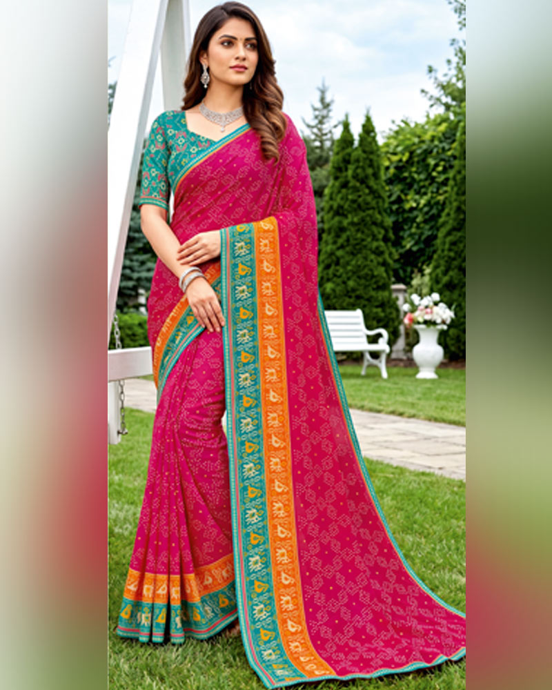 Vishal Prints Deep Rani Printed Chiffon Saree With Mirror Work And Fancy Border