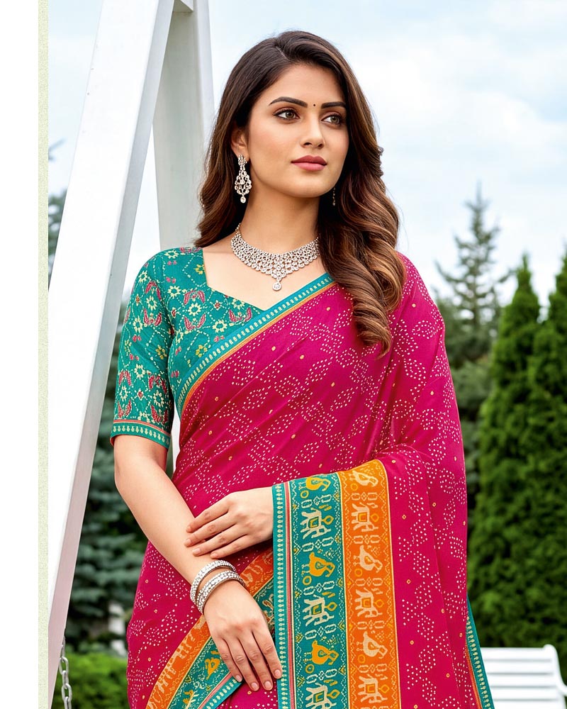 Vishal Prints Deep Rani Printed Chiffon Saree With Mirror Work And Fancy Border