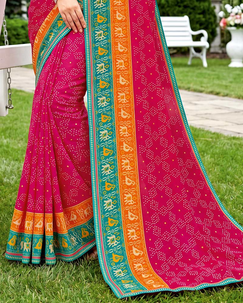 Vishal Prints Deep Rani Printed Chiffon Saree With Mirror Work And Fancy Border