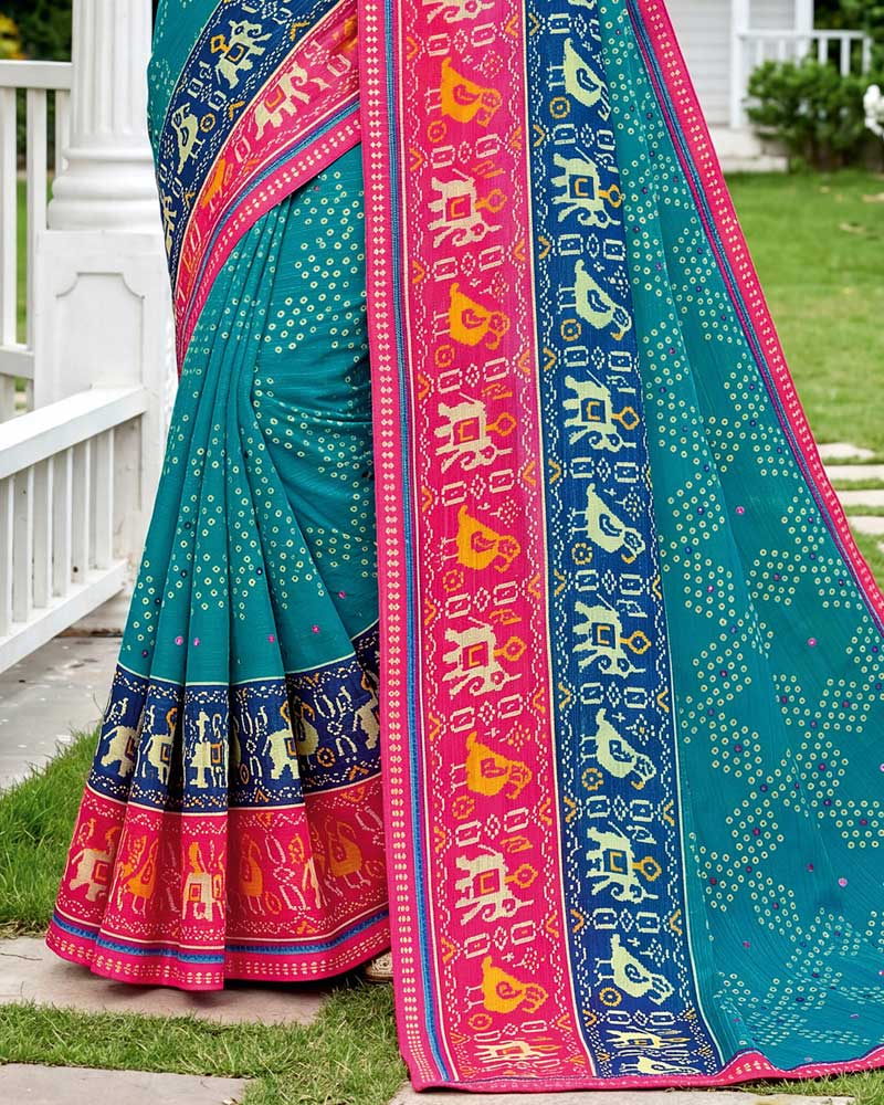 Vishal Prints Deep Sky Blue Printed Chiffon Saree With Mirror Work And Fancy Border