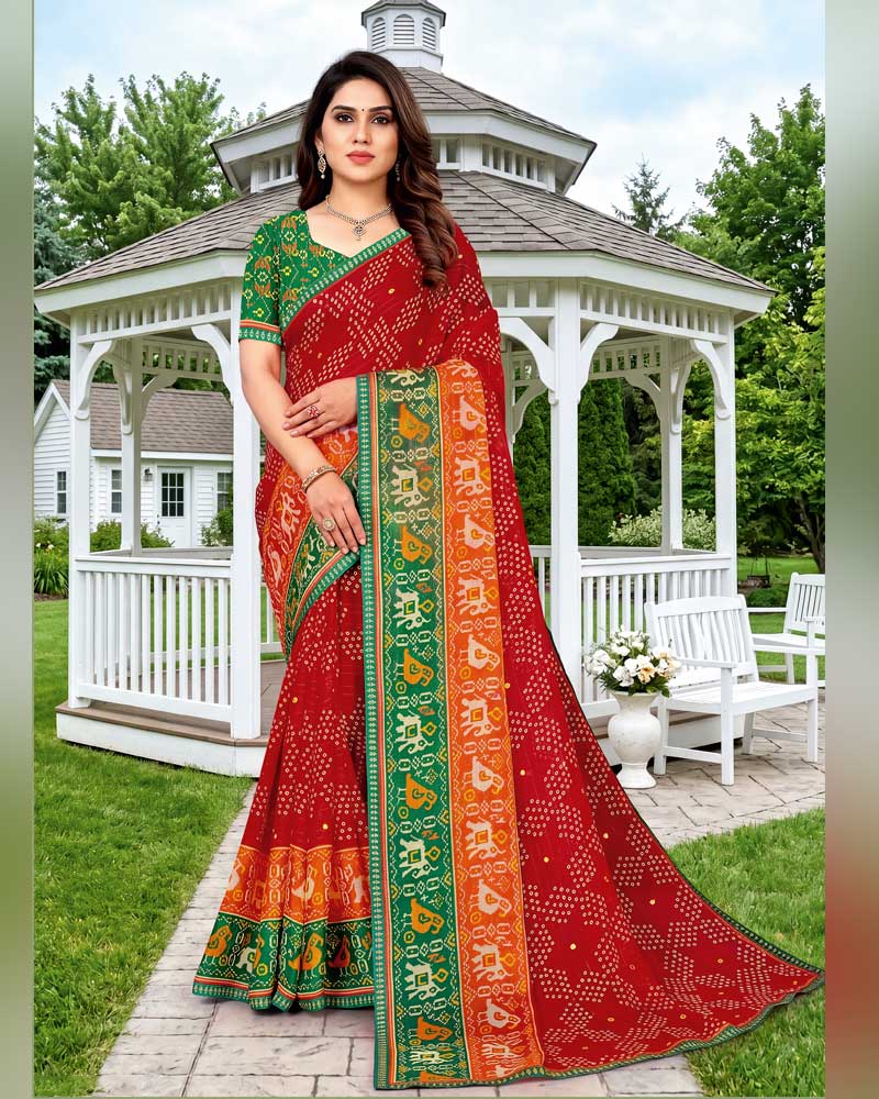 Vishal Prints Sindoori Red Printed Chiffon Saree With Mirror Work And Fancy Border