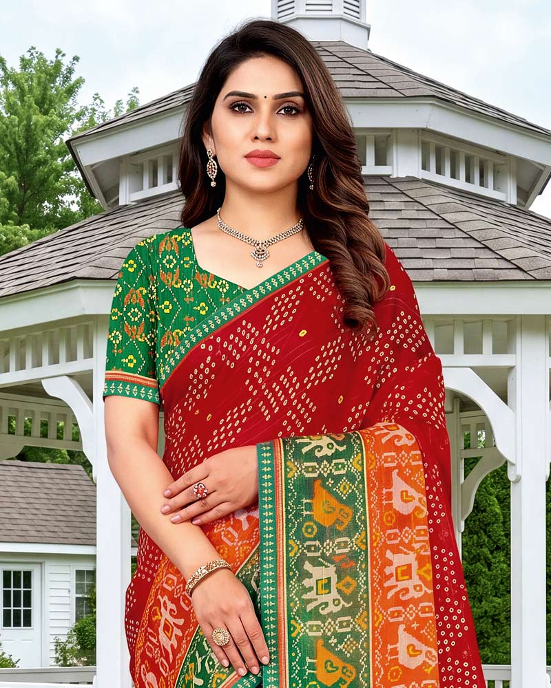 Vishal Prints Sindoori Red Printed Chiffon Saree With Mirror Work And Fancy Border