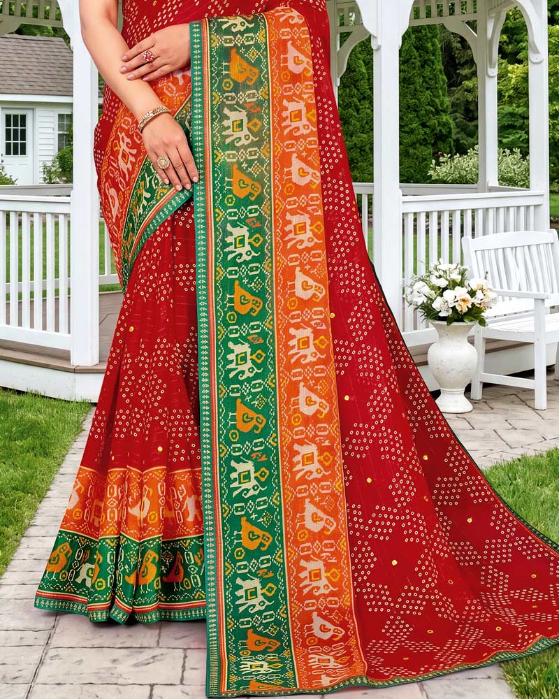 Vishal Prints Sindoori Red Printed Chiffon Saree With Mirror Work And Fancy Border