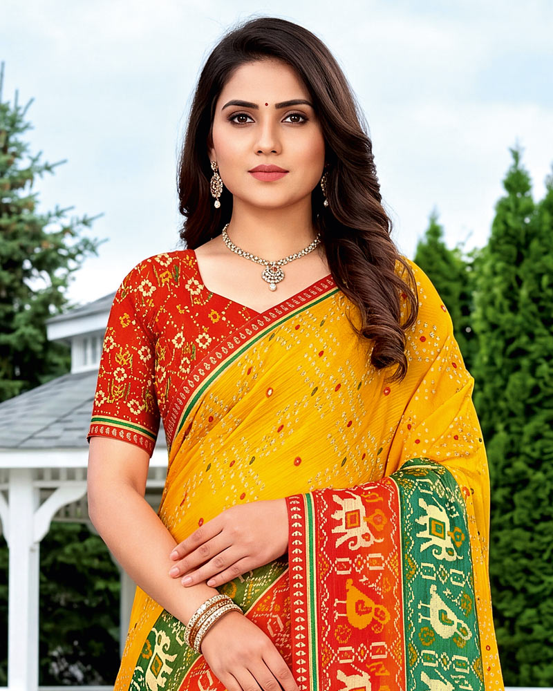 Vishal Prints Deep Yellow Printed Chiffon Saree With Mirror Work And Fancy Border
