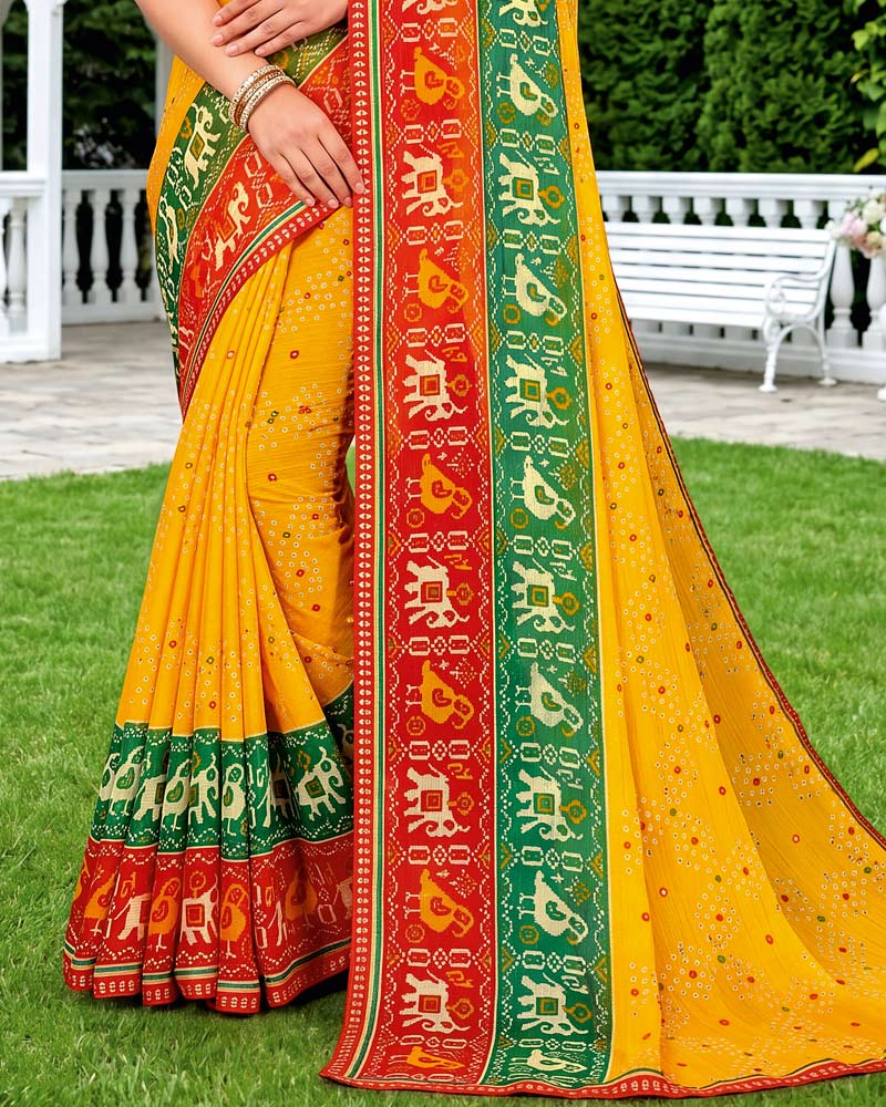 Vishal Prints Deep Yellow Printed Chiffon Saree With Mirror Work And Fancy Border