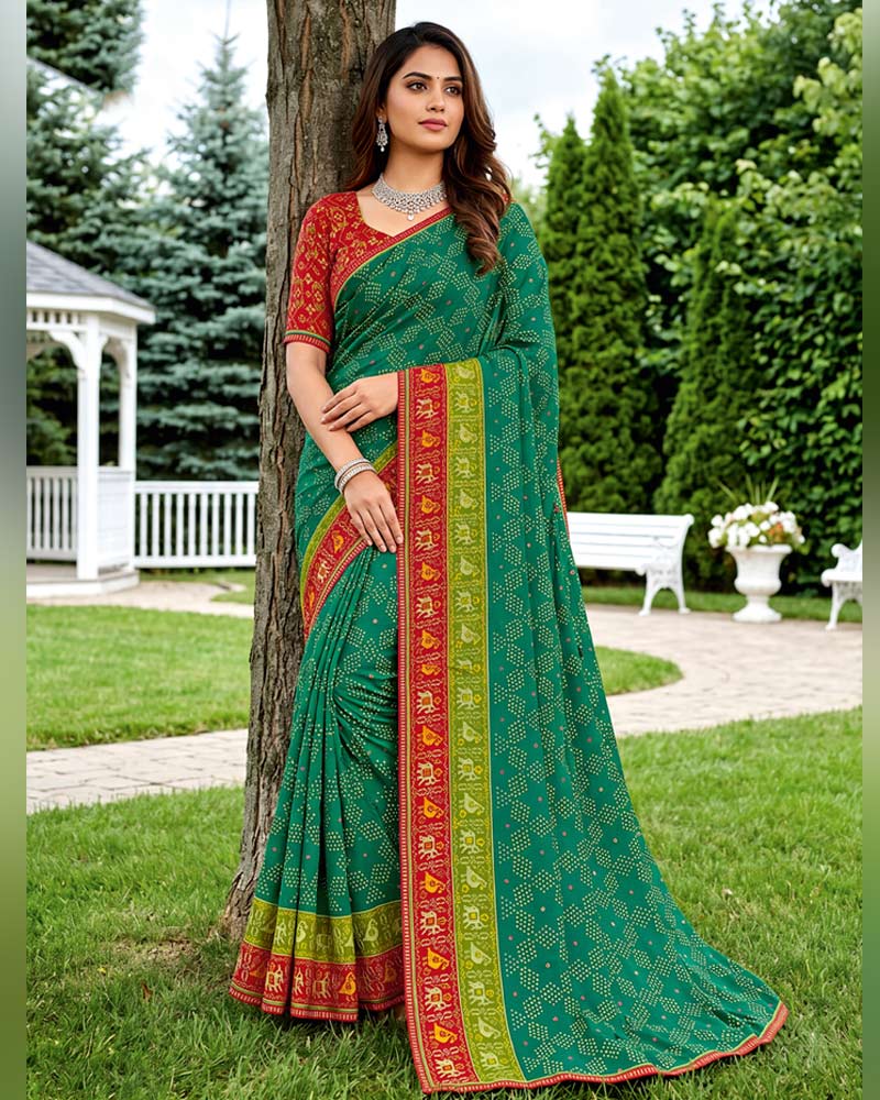 Vishal Prints Deep Teal Green Printed Chiffon Saree With Mirror Work And Fancy Border