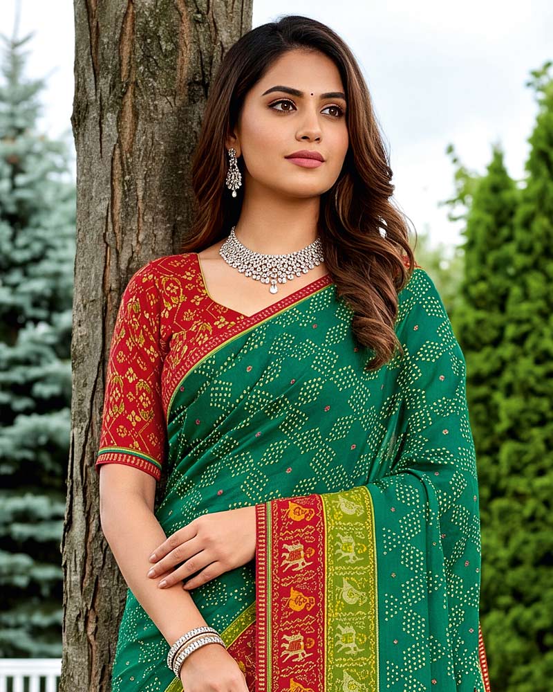 Vishal Prints Deep Teal Green Printed Chiffon Saree With Mirror Work And Fancy Border