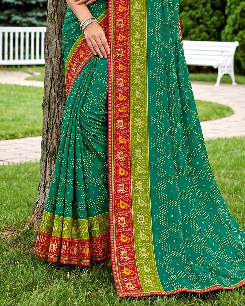 Vishal Prints Deep Teal Green Printed Chiffon Saree With Mirror Work And Fancy Border