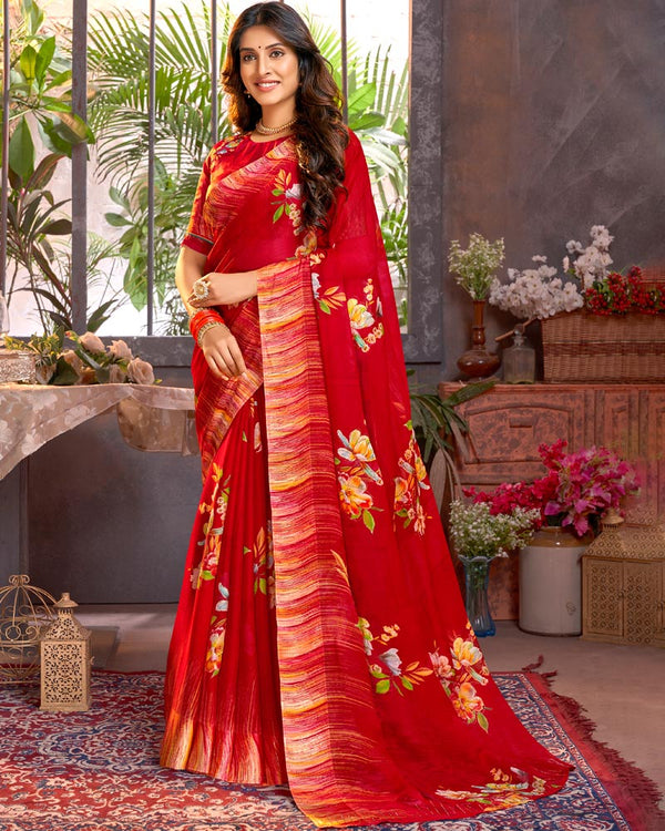 Vishal Prints Red Digital Print Chiffon Saree With Stone Work