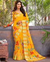 Vishal Prints Dark Yellow Digital Print Chiffon Saree With Stone Work