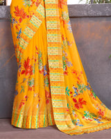 Vishal Prints Dark Yellow Digital Print Chiffon Saree With Stone Work