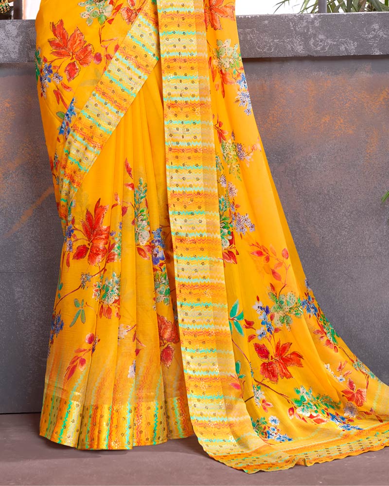 Vishal Prints Dark Yellow Digital Print Chiffon Saree With Stone Work
