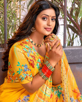 Vishal Prints Dark Yellow Digital Print Chiffon Saree With Stone Work