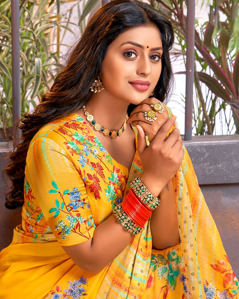 Vishal Prints Dark Yellow Digital Print Chiffon Saree With Stone Work