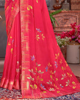 Vishal Prints Cherry Red Digital Print Chiffon Saree With Stone Work
