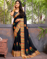 Vishal Prints Dark Grey Digital Print Chiffon Saree With Stone Work