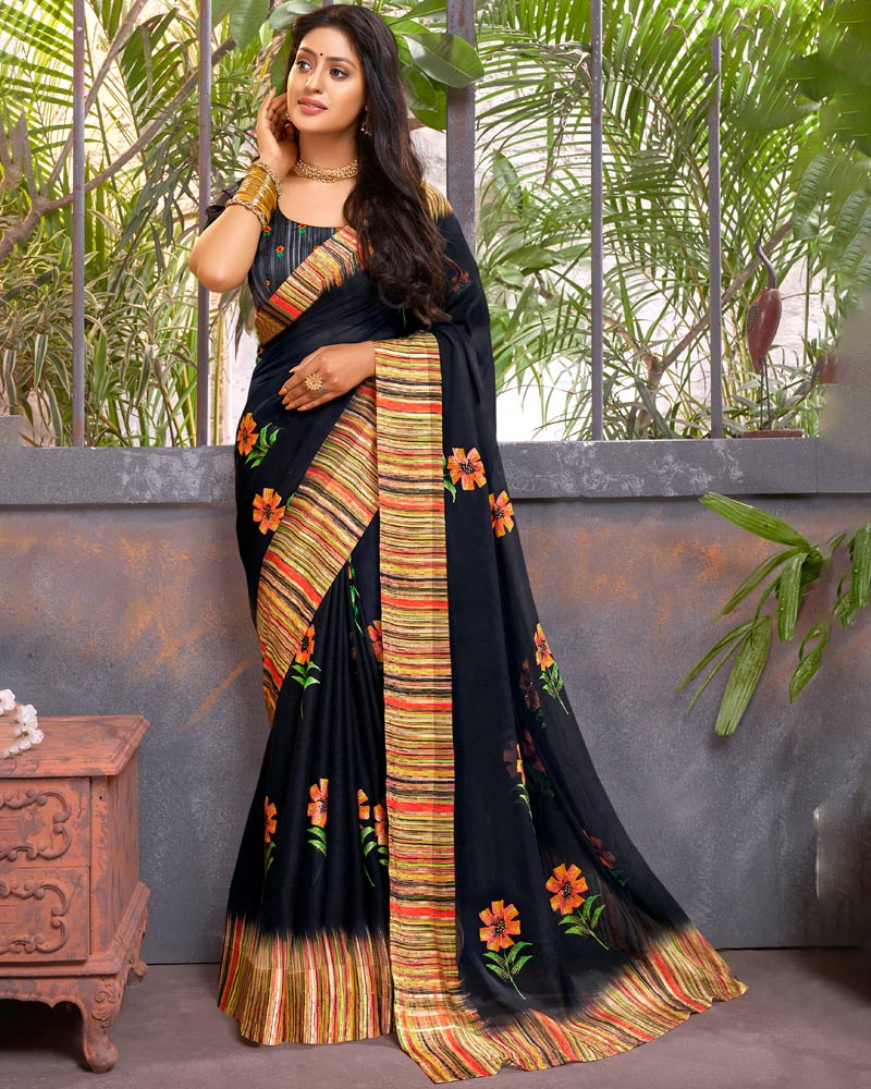 Vishal Prints Dark Grey Digital Print Chiffon Saree With Stone Work