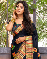 Vishal Prints Dark Grey Digital Print Chiffon Saree With Stone Work