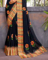 Vishal Prints Dark Grey Digital Print Chiffon Saree With Stone Work