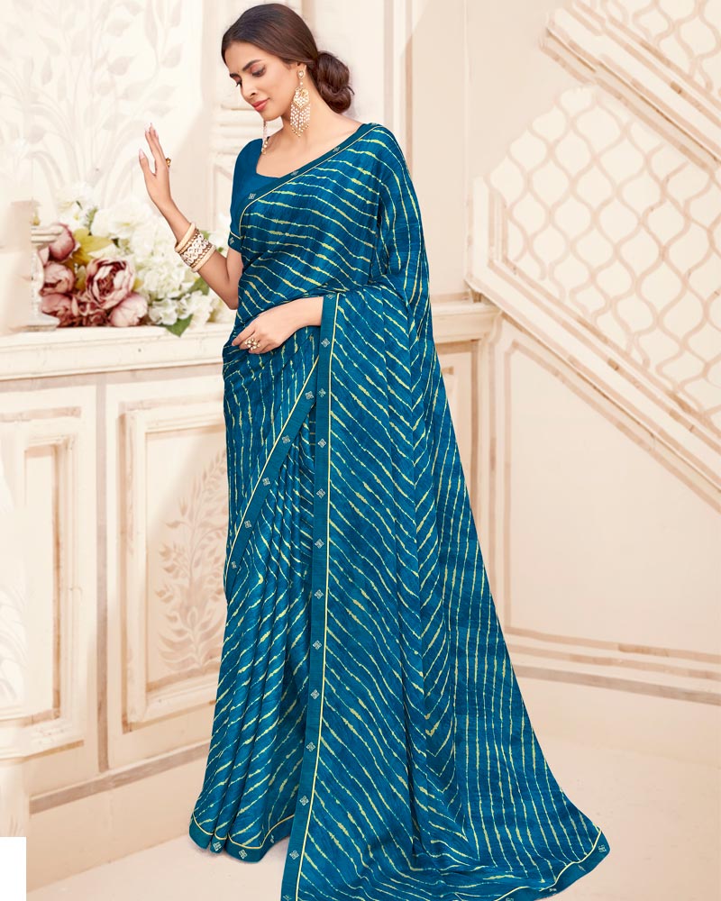 Vishal Prints Regal Blue Printed Criva Crepe Lehriya Print Saree With Fancy Border