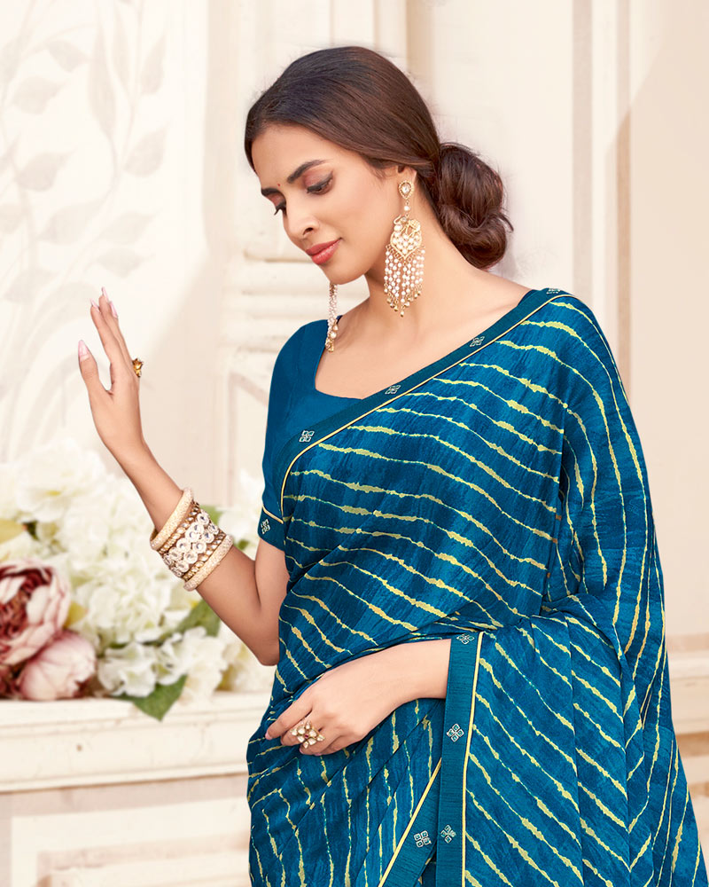 Vishal Prints Regal Blue Printed Criva Crepe Lehriya Print Saree With Fancy Border
