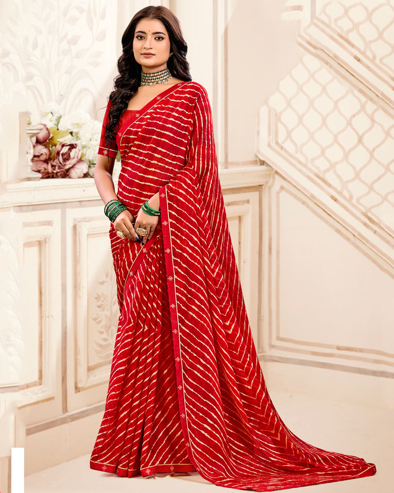 Vishal Prints Lava Red Printed Criva Crepe Lehriya Print Saree With Fancy Border