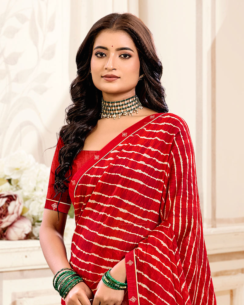 Vishal Prints Lava Red Printed Criva Crepe Lehriya Print Saree With Fancy Border