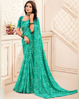 Vishal Prints Dark Turquoise Green Printed Criva Crepe Lehriya Print Saree With Fancy Border