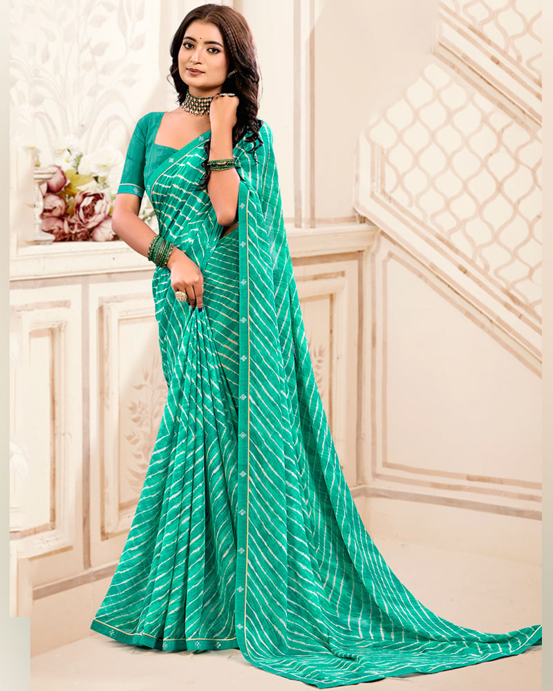 Vishal Prints Dark Turquoise Green Printed Criva Crepe Lehriya Print Saree With Fancy Border
