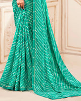 Vishal Prints Dark Turquoise Green Printed Criva Crepe Lehriya Print Saree With Fancy Border