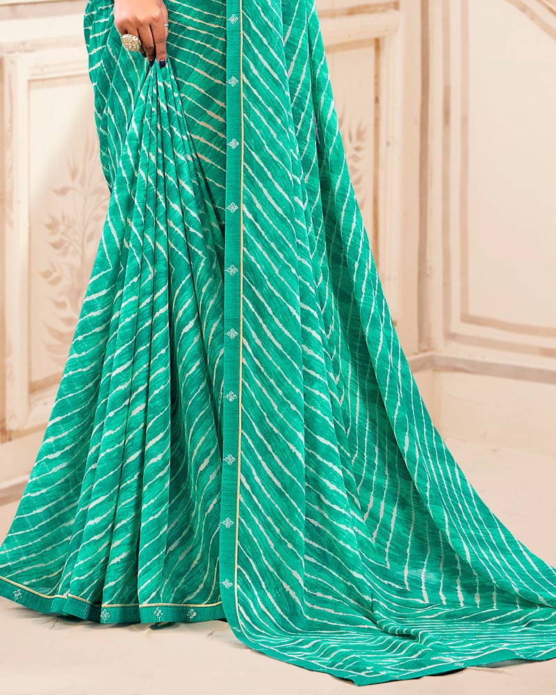 Vishal Prints Dark Turquoise Green Printed Criva Crepe Lehriya Print Saree With Fancy Border