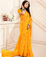 Vishal Prints Yellowish Orange Printed Criva Crepe Lehriya Print Saree With Fancy Border