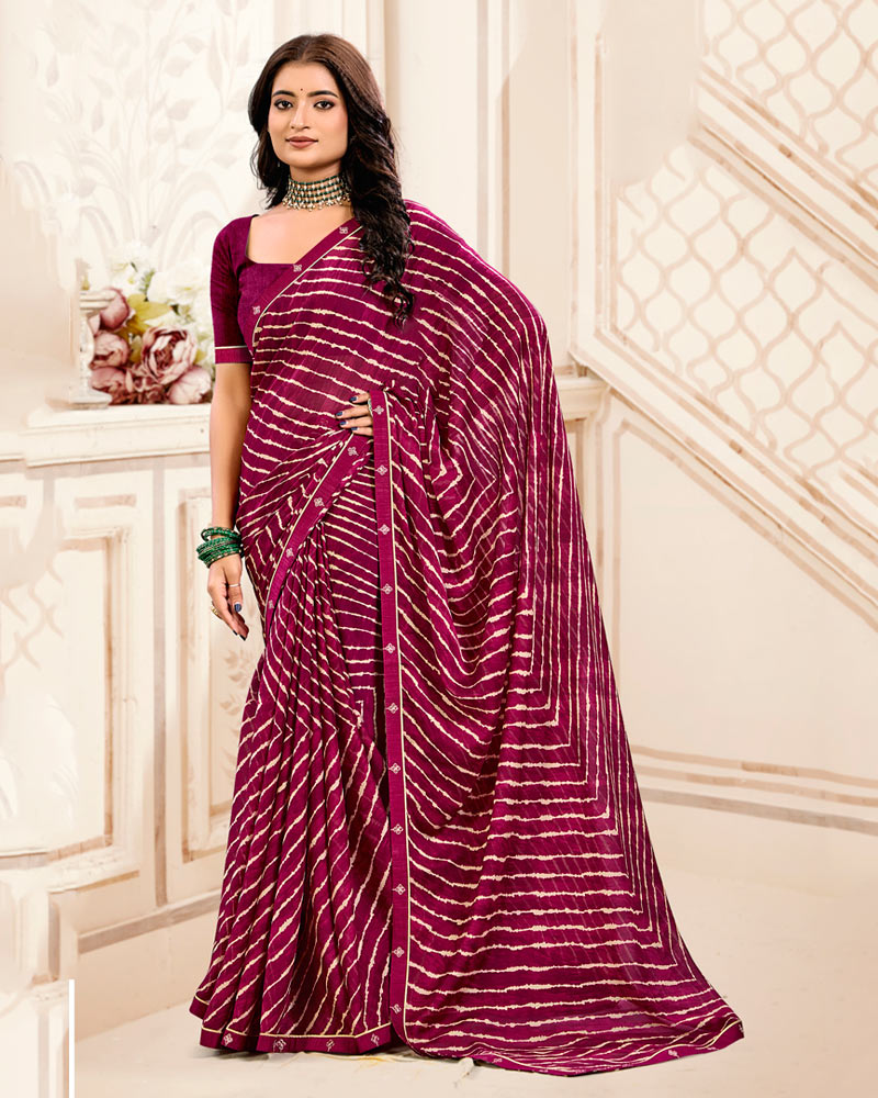Vishal Prints Red Purple Printed Criva Crepe Lehriya Print Saree With Fancy Border