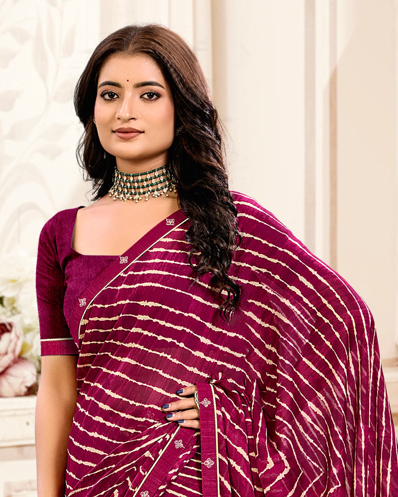Vishal Prints Red Purple Printed Criva Crepe Lehriya Print Saree With Fancy Border