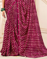 Vishal Prints Red Purple Printed Criva Crepe Lehriya Print Saree With Fancy Border