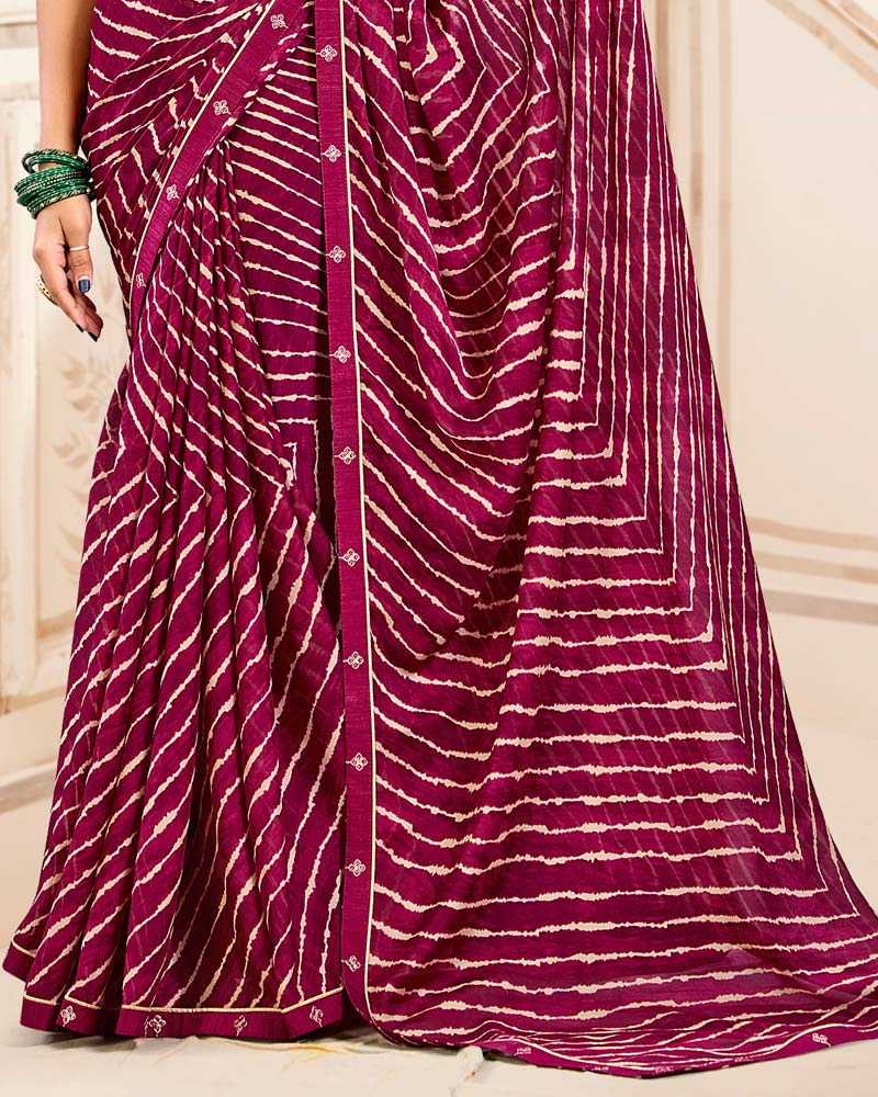 Vishal Prints Red Purple Printed Criva Crepe Lehriya Print Saree With Fancy Border