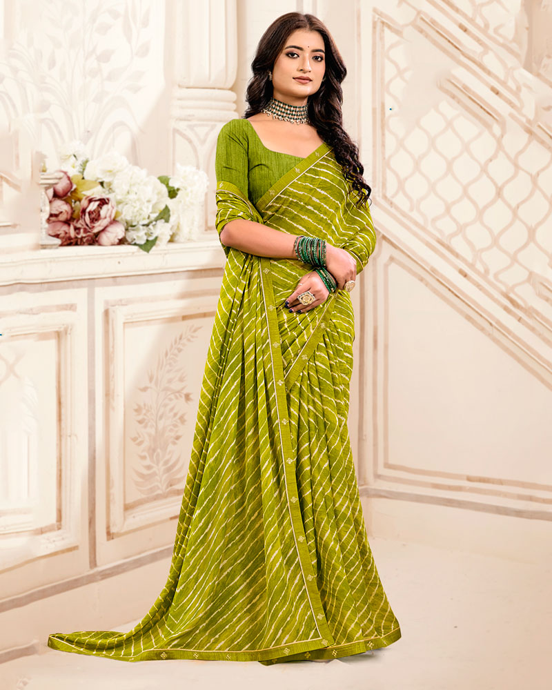 Vishal Prints Light Olive Green Printed Criva Crepe Lehriya Print Saree With Fancy Border
