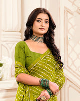 Vishal Prints Light Olive Green Printed Criva Crepe Lehriya Print Saree With Fancy Border