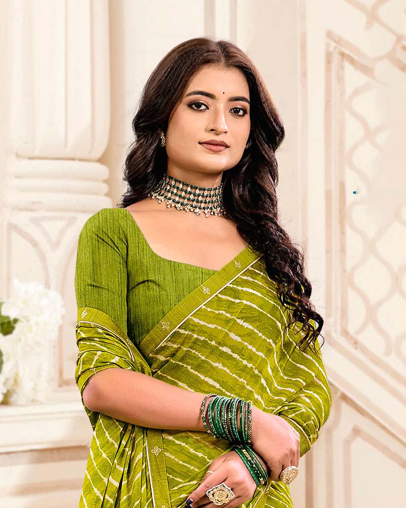 Vishal Prints Light Olive Green Printed Criva Crepe Lehriya Print Saree With Fancy Border