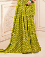 Vishal Prints Light Olive Green Printed Criva Crepe Lehriya Print Saree With Fancy Border
