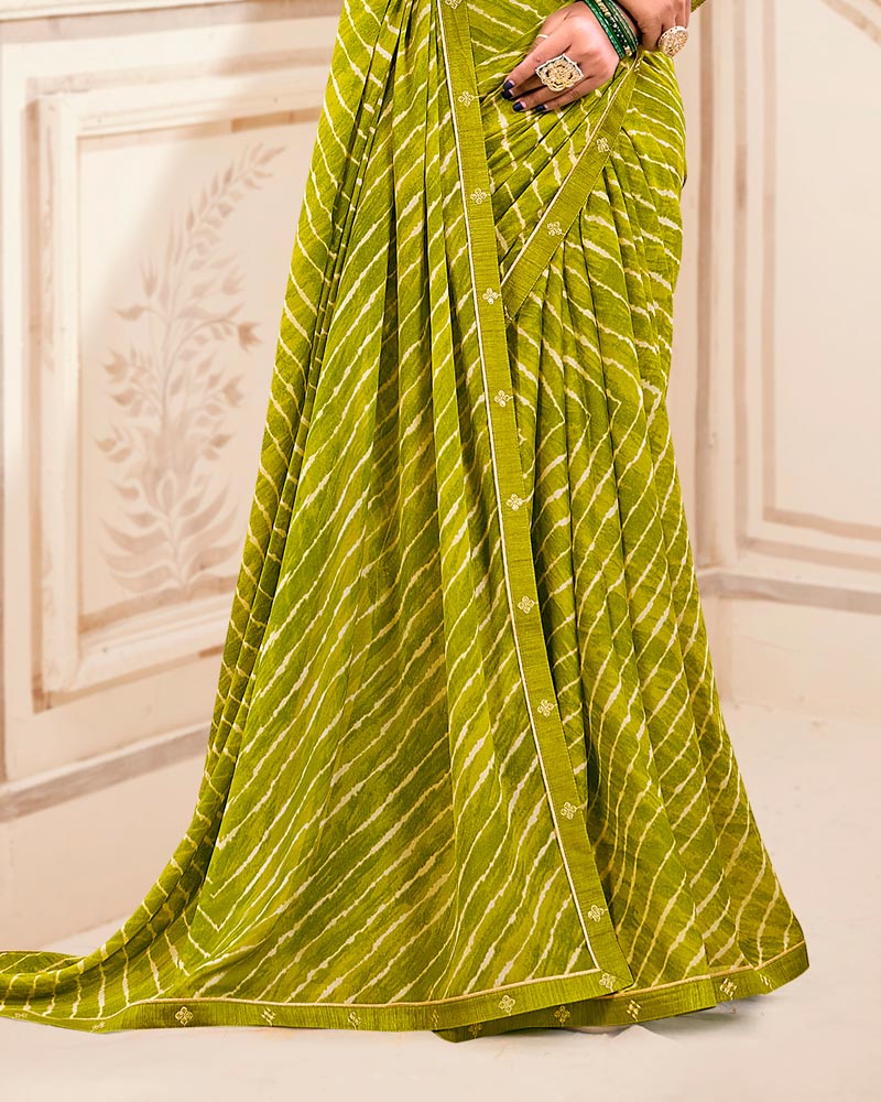 Vishal Prints Light Olive Green Printed Criva Crepe Lehriya Print Saree With Fancy Border