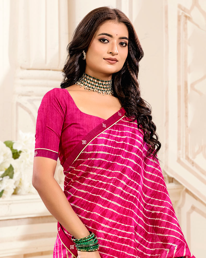 Vishal Prints Cerise Pink Printed Criva Crepe Lehriya Print Saree With Fancy Border