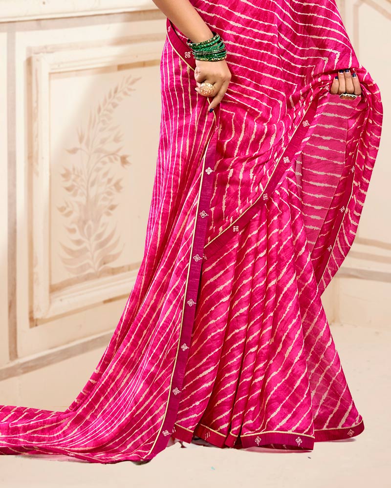 Vishal Prints Cerise Pink Printed Criva Crepe Lehriya Print Saree With Fancy Border
