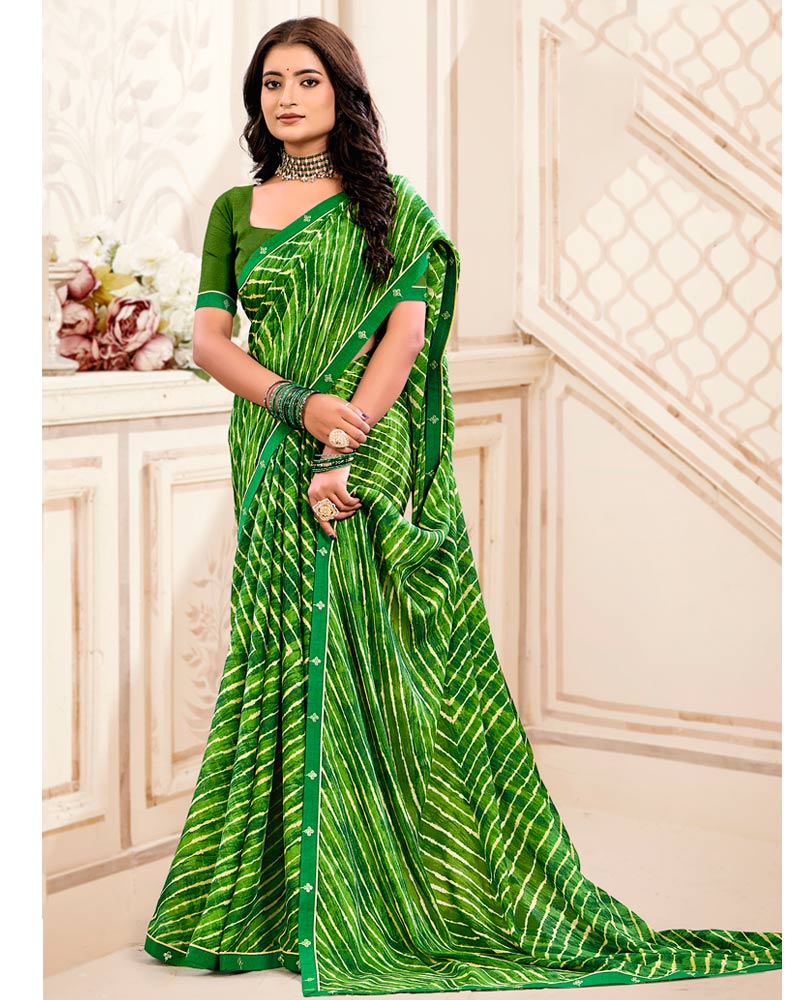 Vishal Prints Parsley Green Printed Criva Crepe Lehriya Print Saree With Fancy Border
