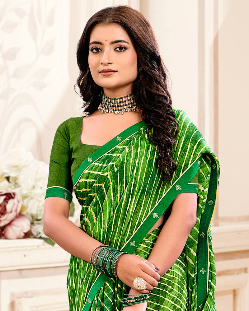 Vishal Prints Parsley Green Printed Criva Crepe Lehriya Print Saree With Fancy Border