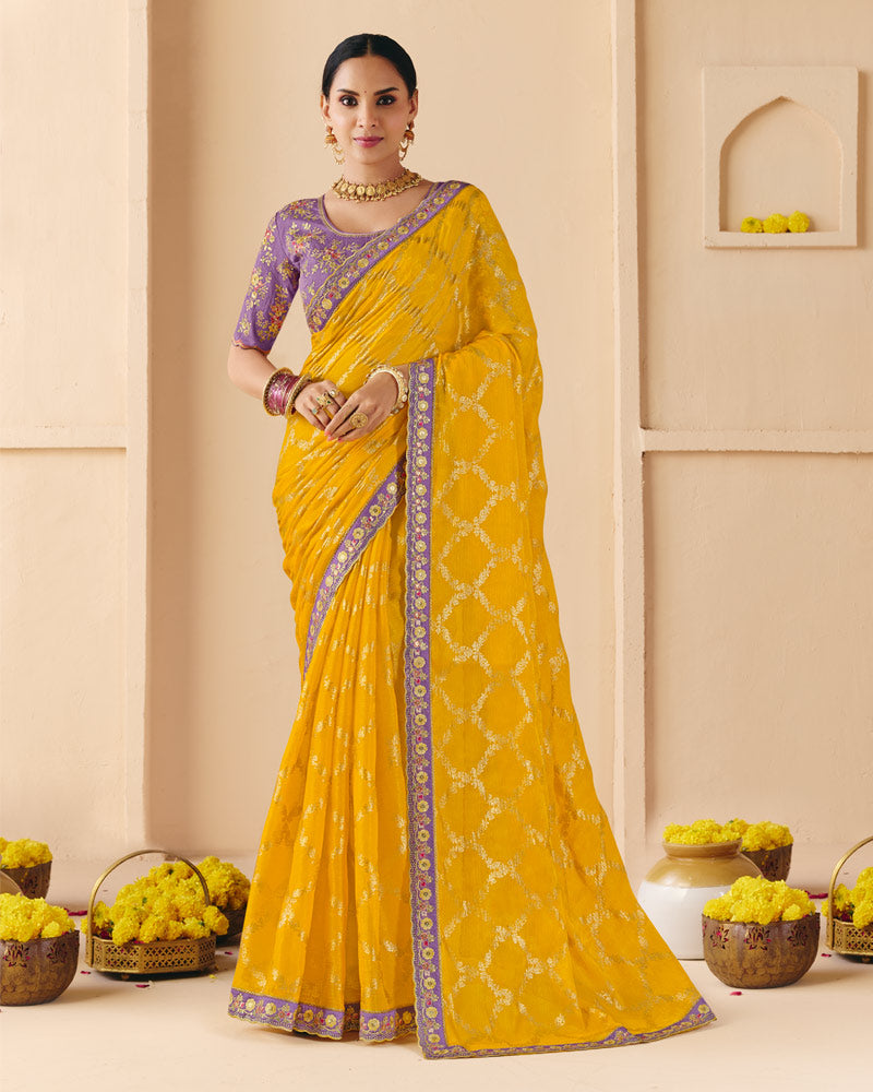 Vishal Prints Dark Golden Yellow Designer Fancy Chiffon Saree With Embroidery-Diamond Work And Cut Work Border