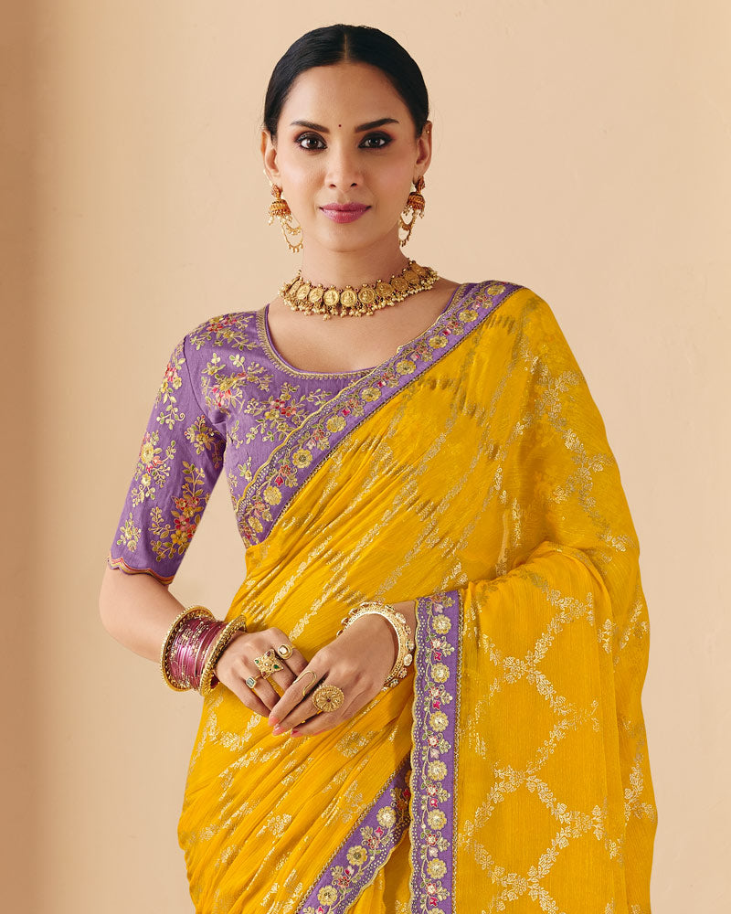 Vishal Prints Dark Golden Yellow Designer Fancy Chiffon Saree With Embroidery-Diamond Work And Cut Work Border