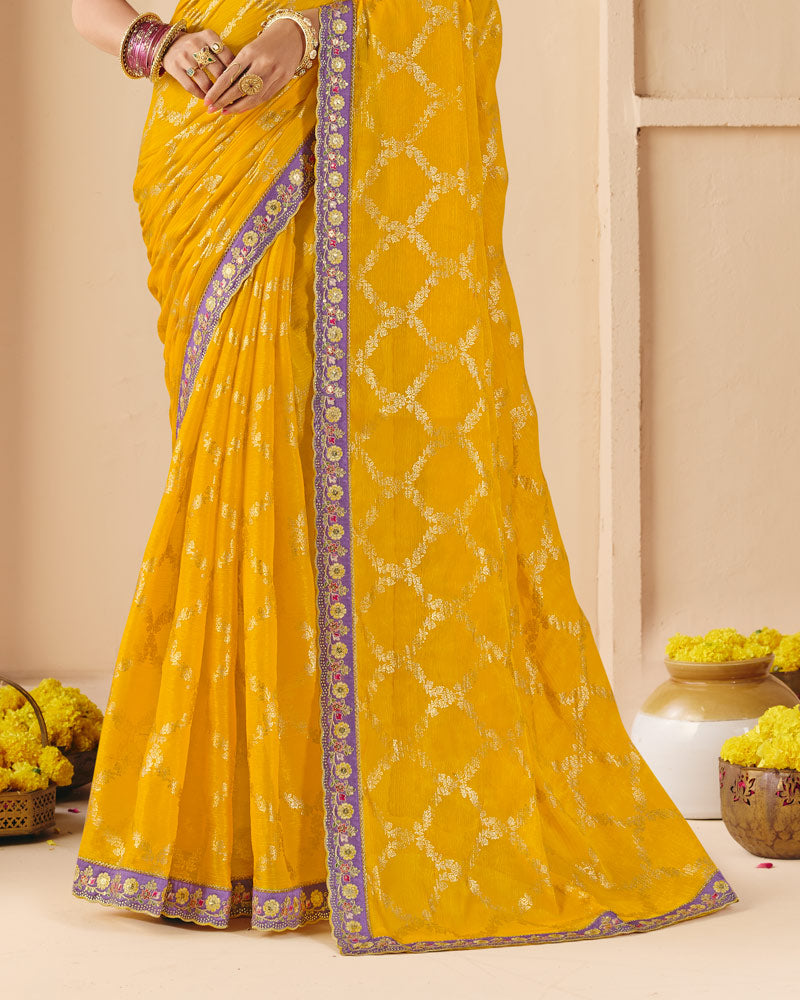 Vishal Prints Dark Golden Yellow Designer Fancy Chiffon Saree With Embroidery-Diamond Work And Cut Work Border