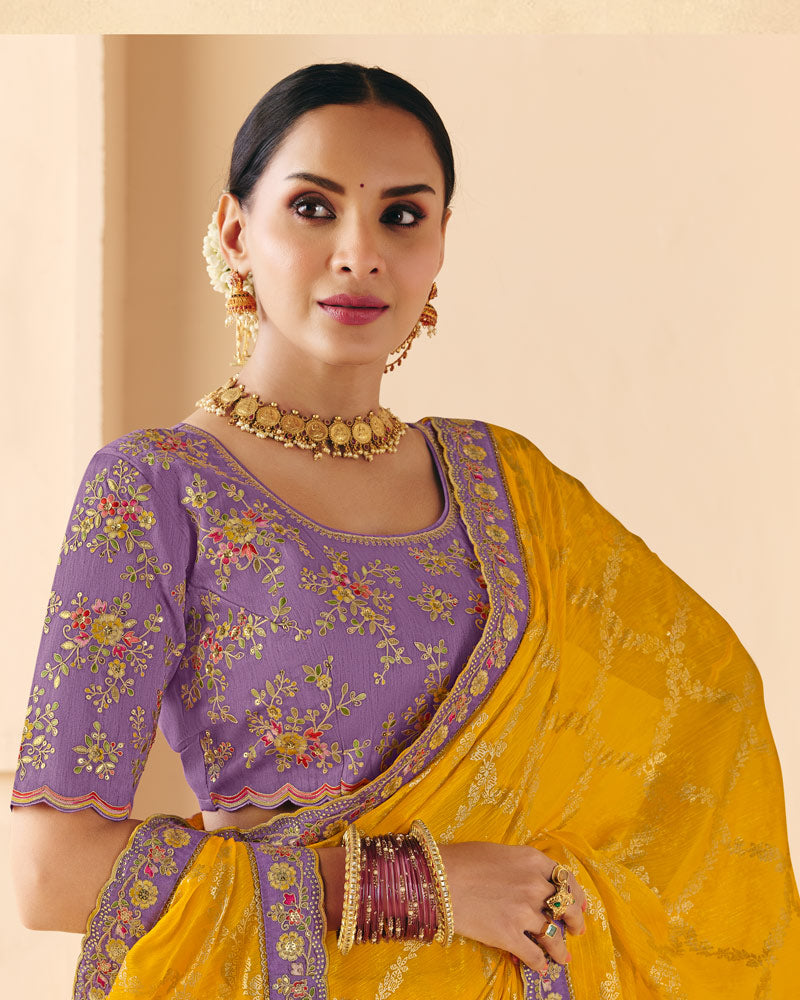 Vishal Prints Dark Golden Yellow Designer Fancy Chiffon Saree With Embroidery-Diamond Work And Cut Work Border